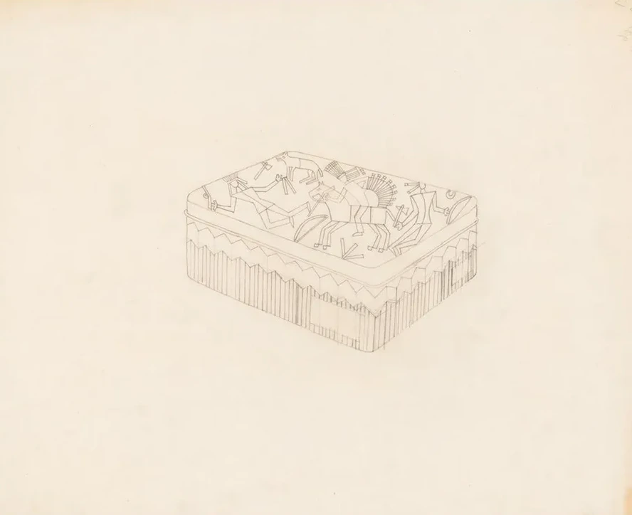 Graphic Design Drawings for Barricini Candy Packages. 3 - D Study, Rectangular Candy Box with Indian Motif