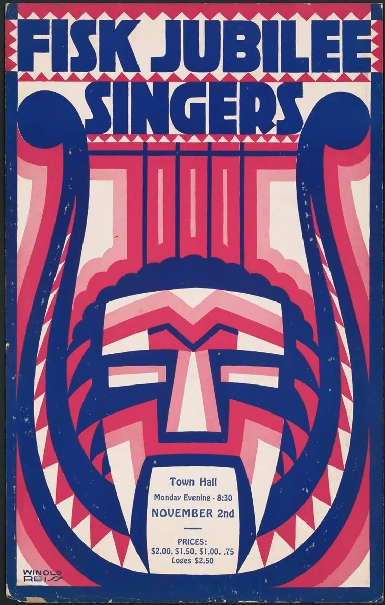 Graphic Design for Fisk Jubilee Singers. Concert Poster with Harp and Mask Motif