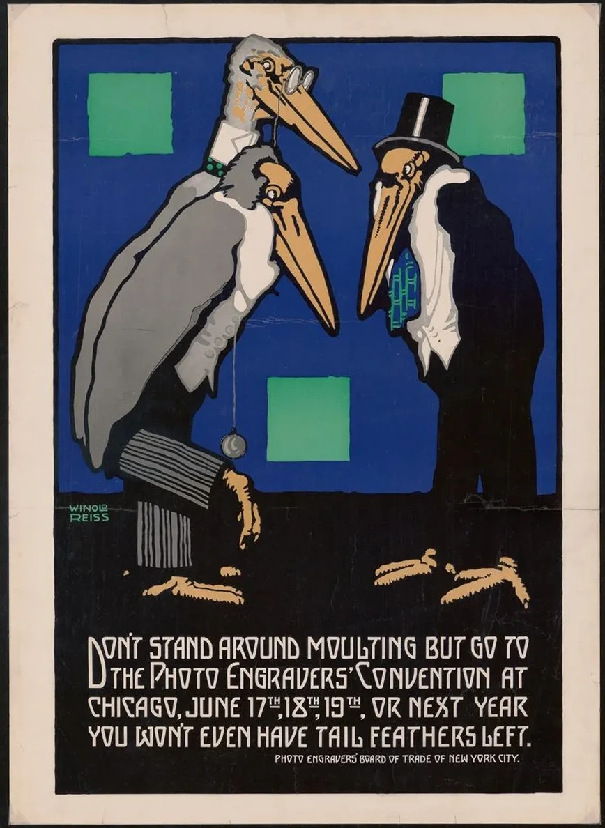 Graphic Design for Photo Engravers Convention, Chicago. Poster Featuring Cartoon - Like Storks