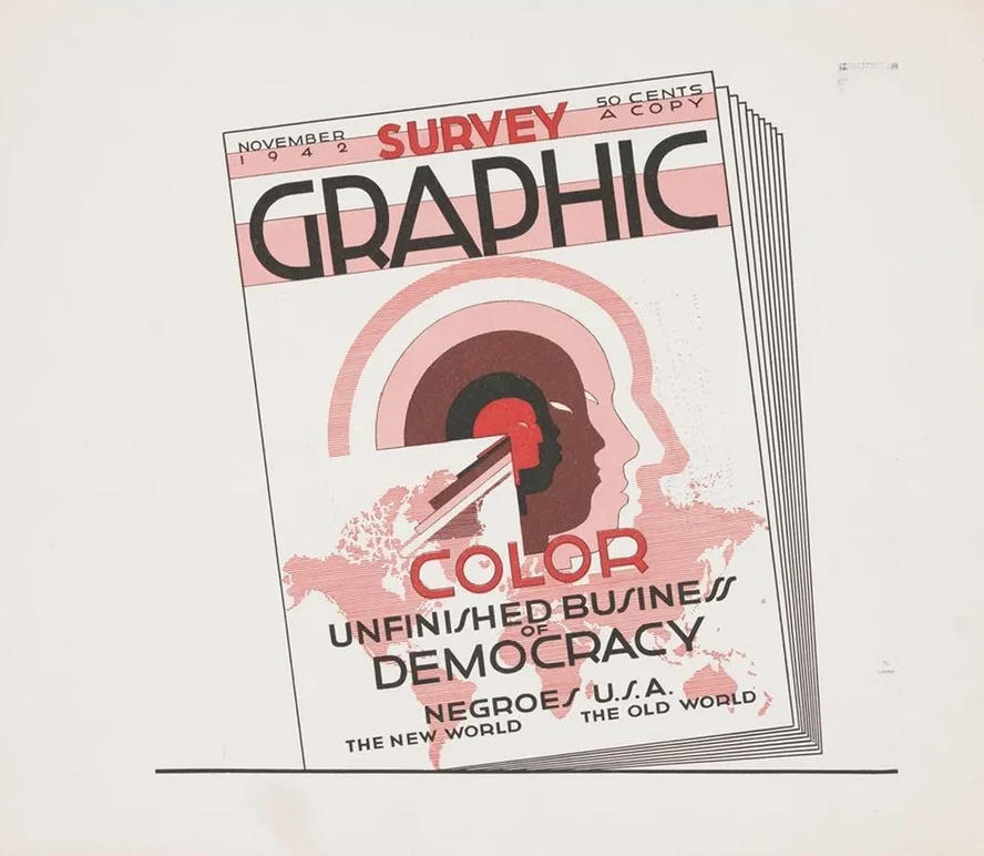 Graphic Design for Cover of Survey Graphic Magazine Color, Unfinished Business of Democracy. Design with Map