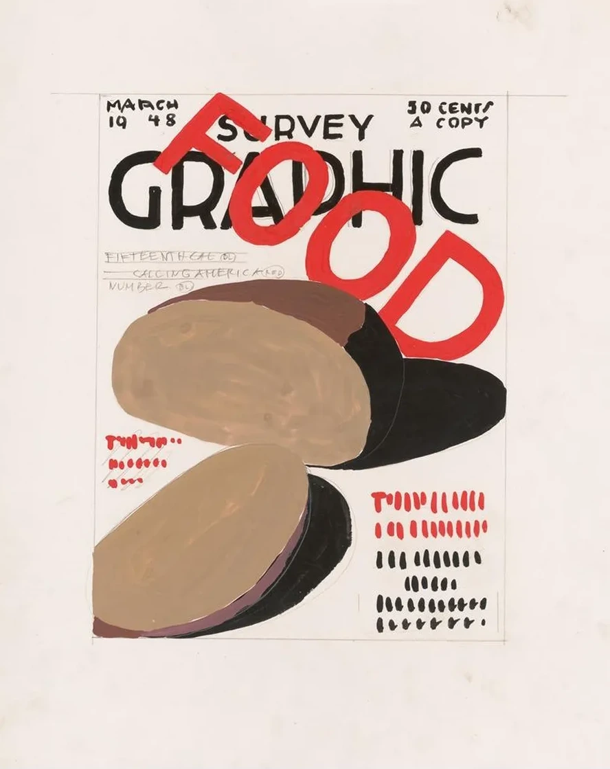 Graphic Design for Cover of Survey Graphic Magazine Food. Design with Text and Food Items