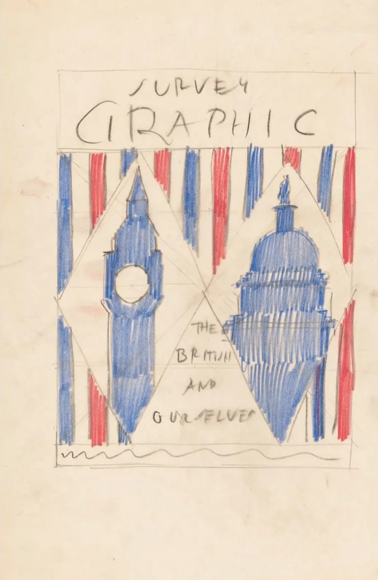 Graphic Design for Cover of Survey Graphic Magazine the British and Ourselves. Drawing with British Parliamen