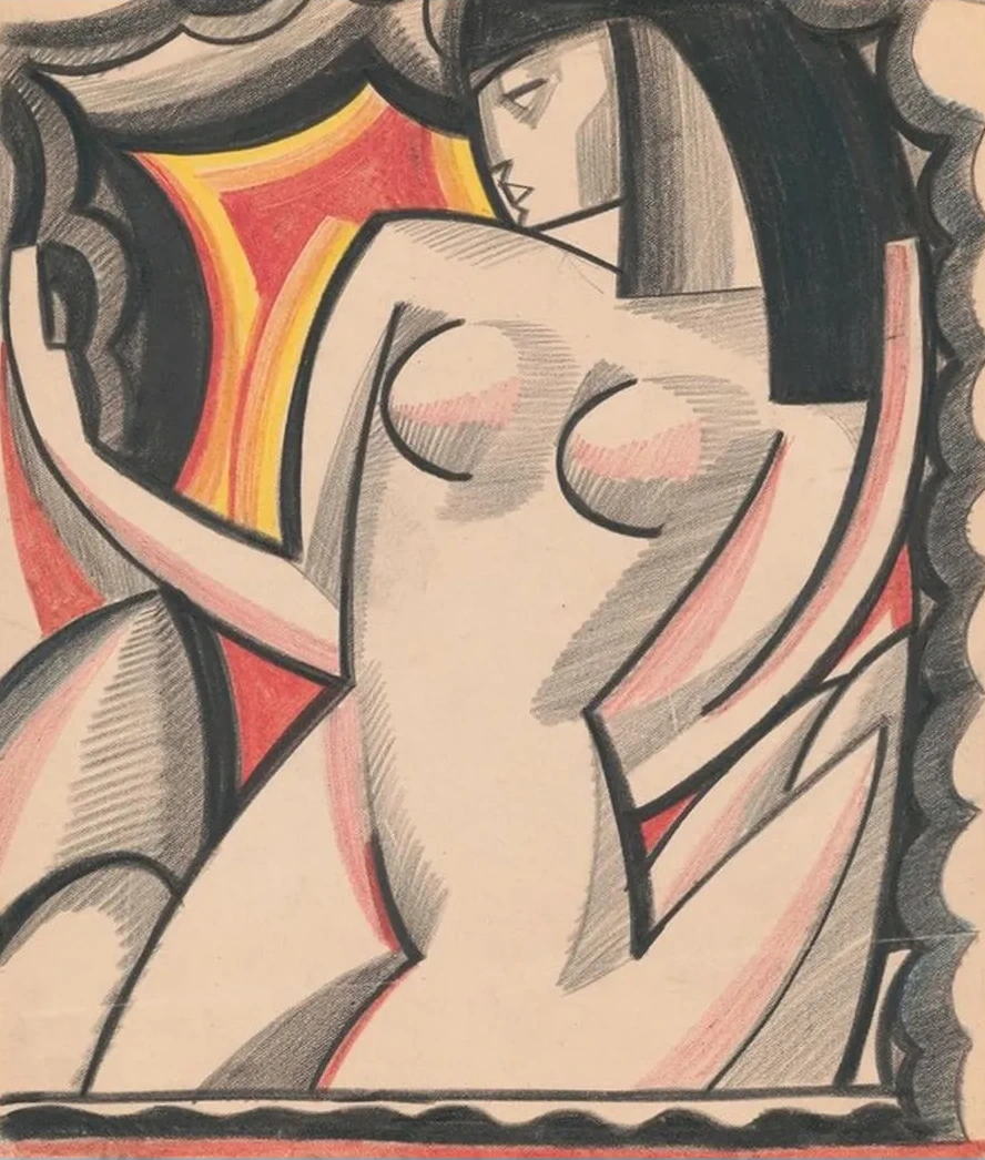 Graphic Design of Nude Female. Cubist Composition Drawing