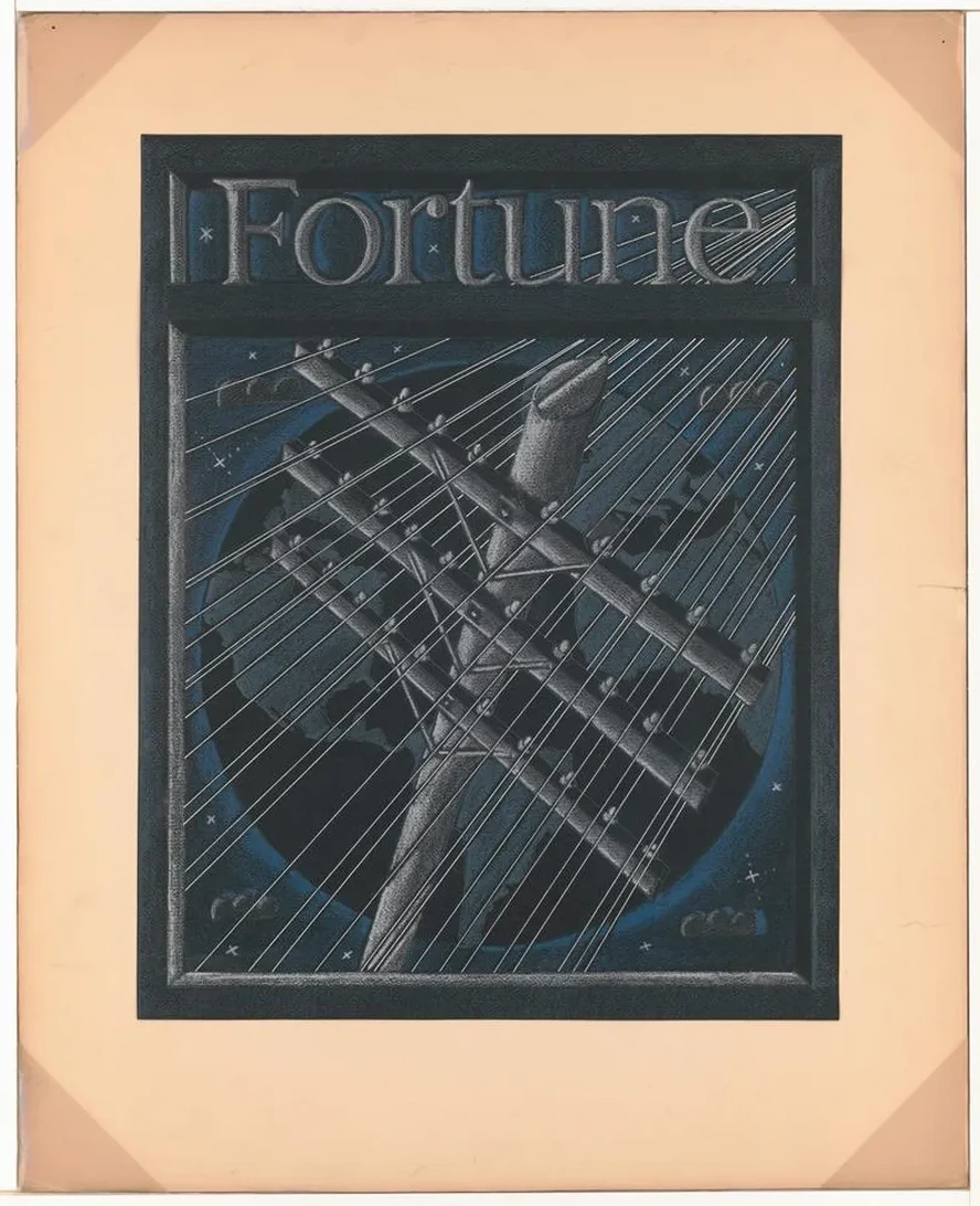 Graphic Designs for Fortune Magazine. Study for Cover with Large Telephone Lines Superimposed Over the Globe