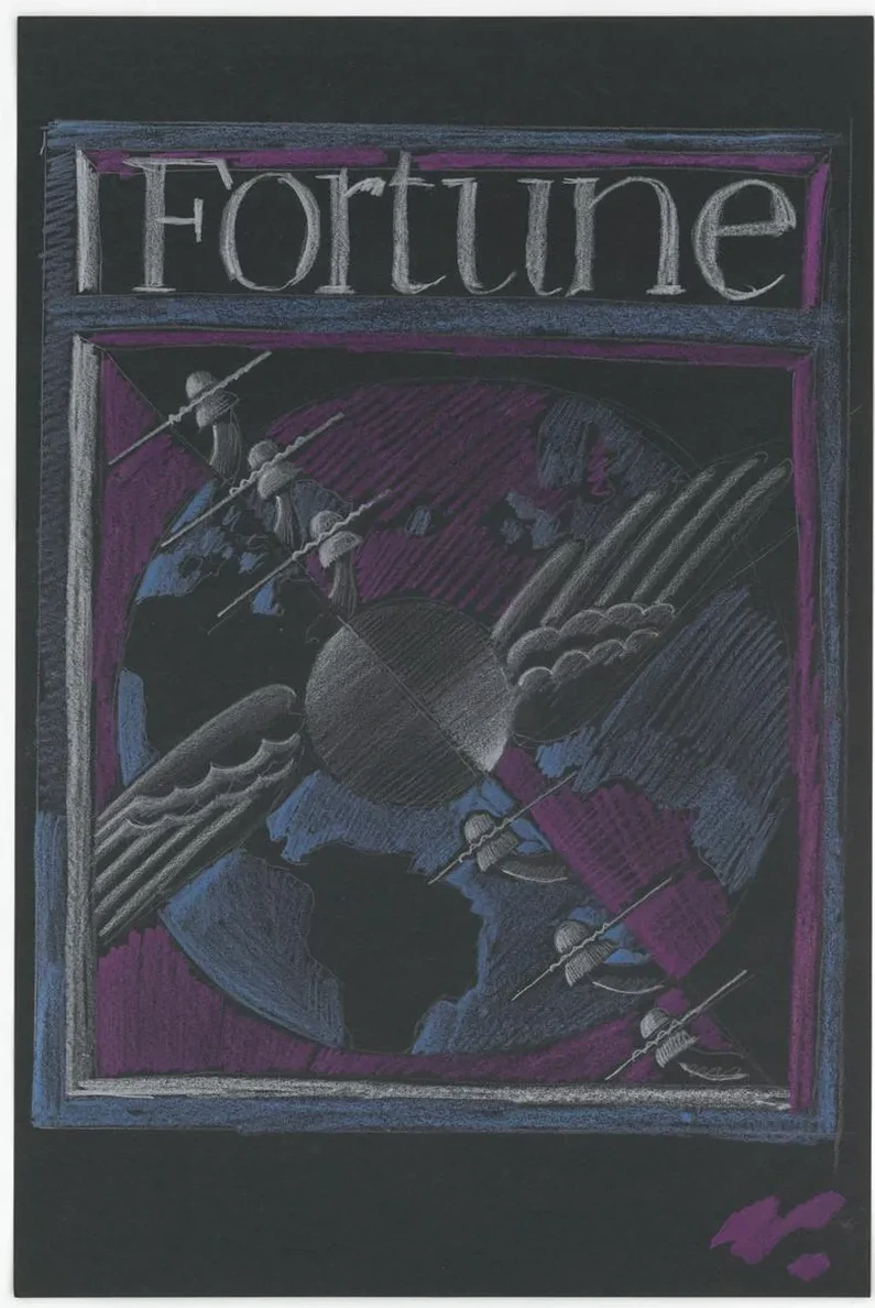 Graphic Designs for Fortune Magazine. Study for Cover with Telephone Lines and Wings Over the Globe