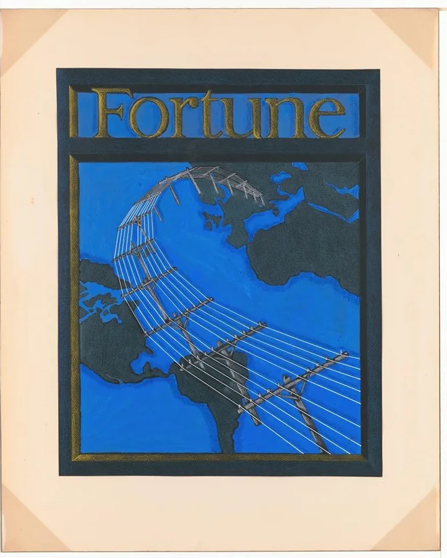 Graphic Designs for Fortune Magazine. Study for Cover with Telephone Lines Spanning the Globe