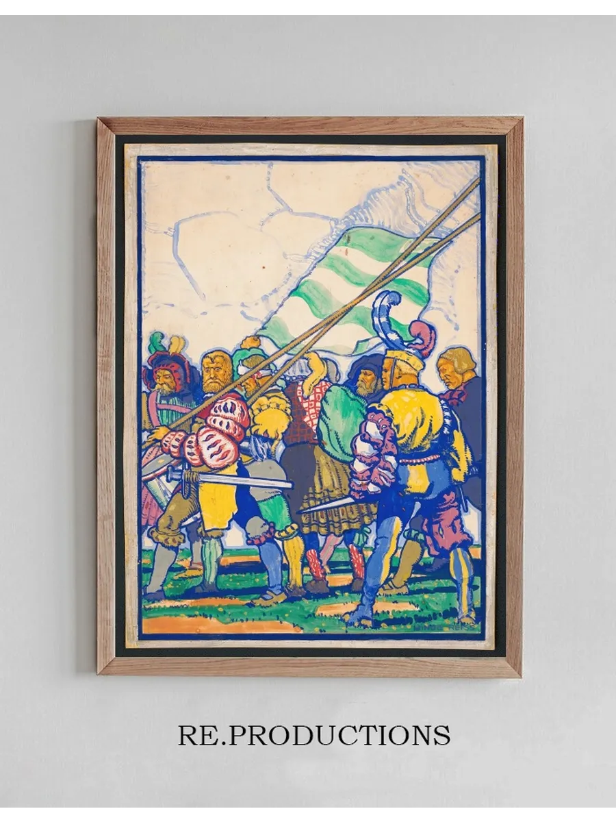 Graphic Designs for Scribner's Magazine Cover, Medieval Festival Theme. Colored Drawing of Men with Medieval C