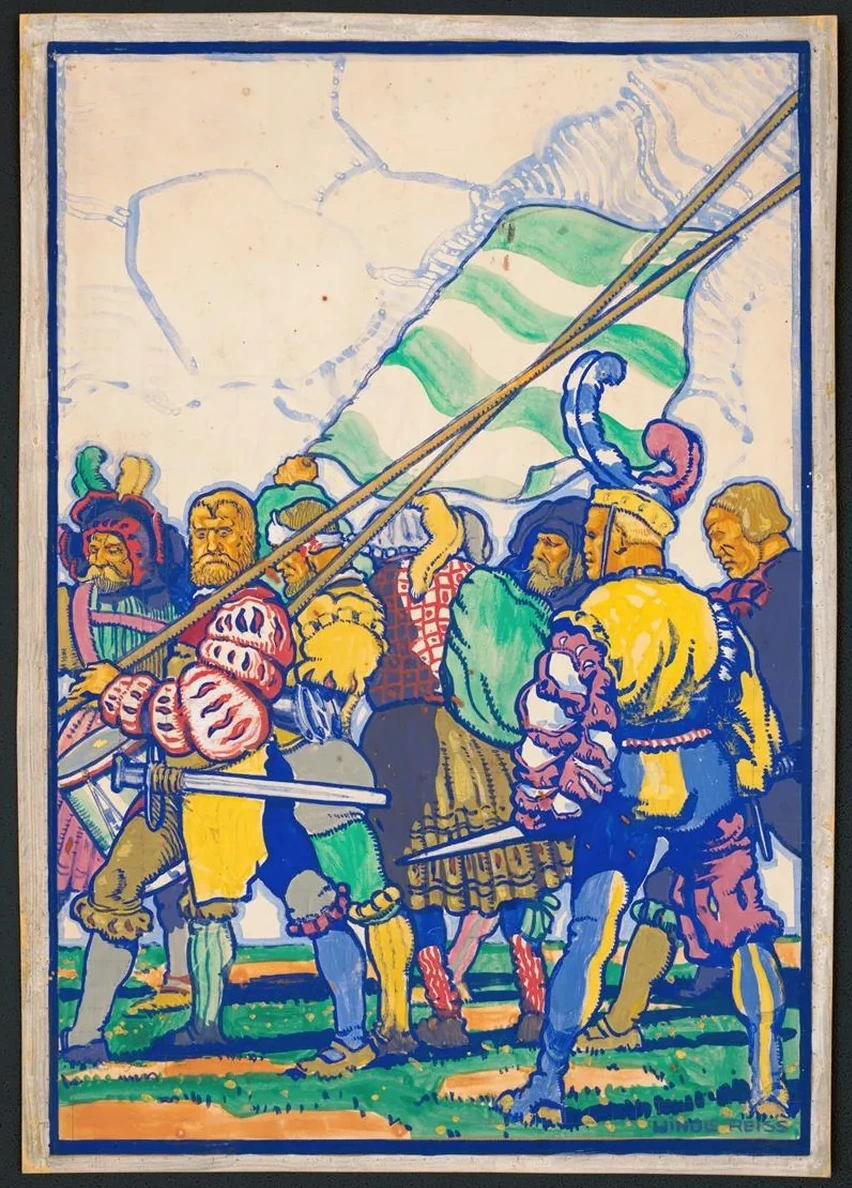 Graphic Designs for Scribner's Magazine Cover, Medieval Festival Theme. Colored Drawing of Men with Medieval C