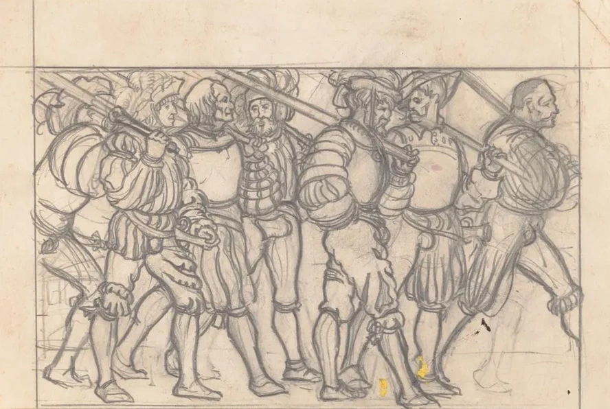 Graphic Designs for Scribner's Magazine Cover, Medieval Festival Theme. Drawing of Men with Medieval Clothing