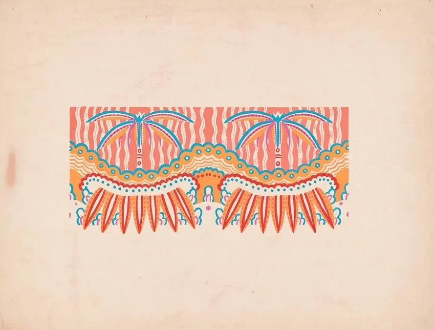 Graphic Textile or Wallpaper Designs with Geometric Patterns. Interior Mural Color Study, Tropical Theme with