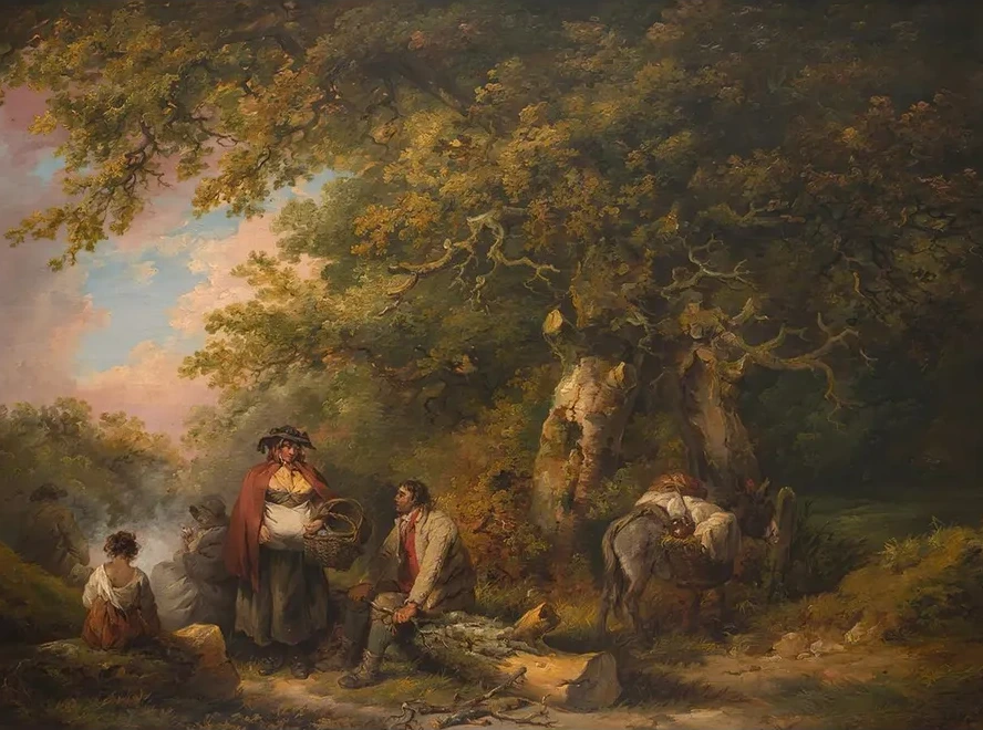 Gypsy Encampment with Seated Man Breaking Firewood