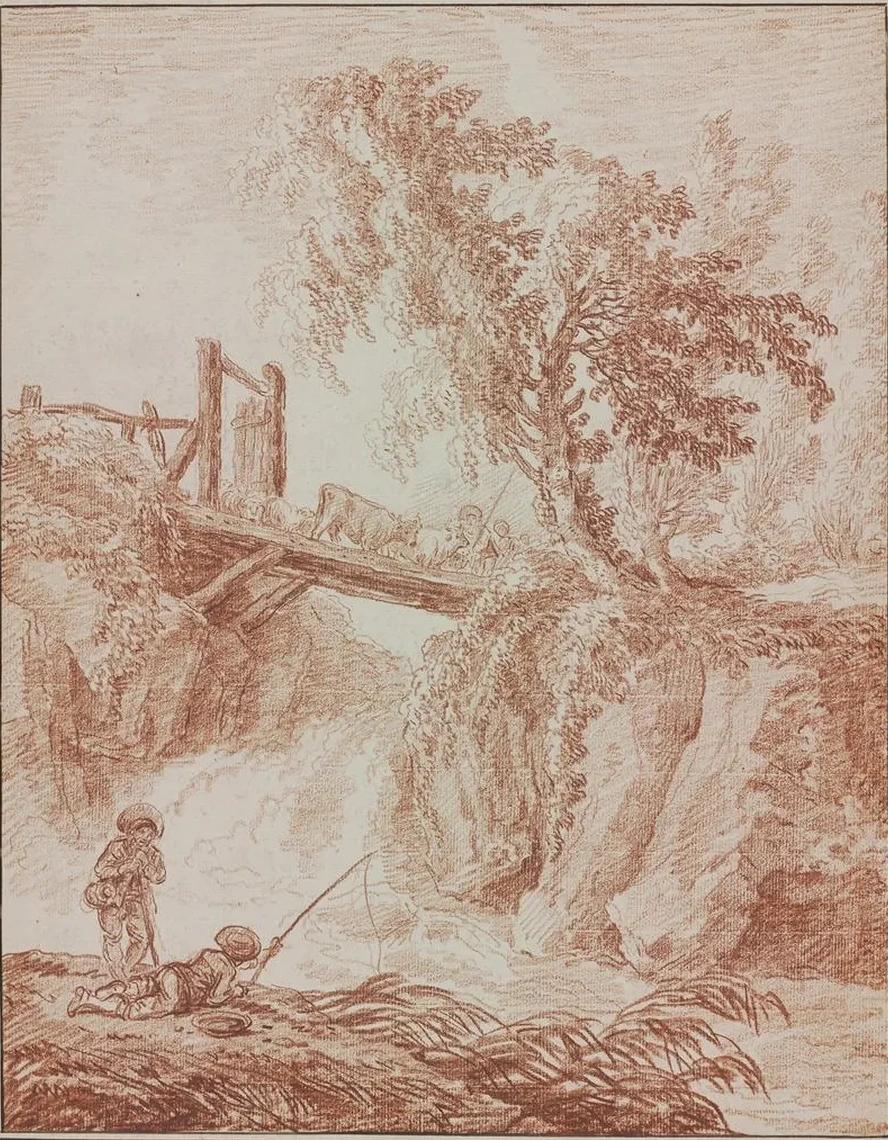 Herdsmen Crossing a Waterfall