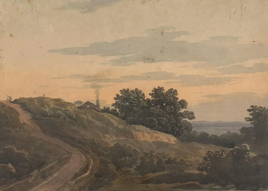 Hilly Landscape with House, Path, and Figures