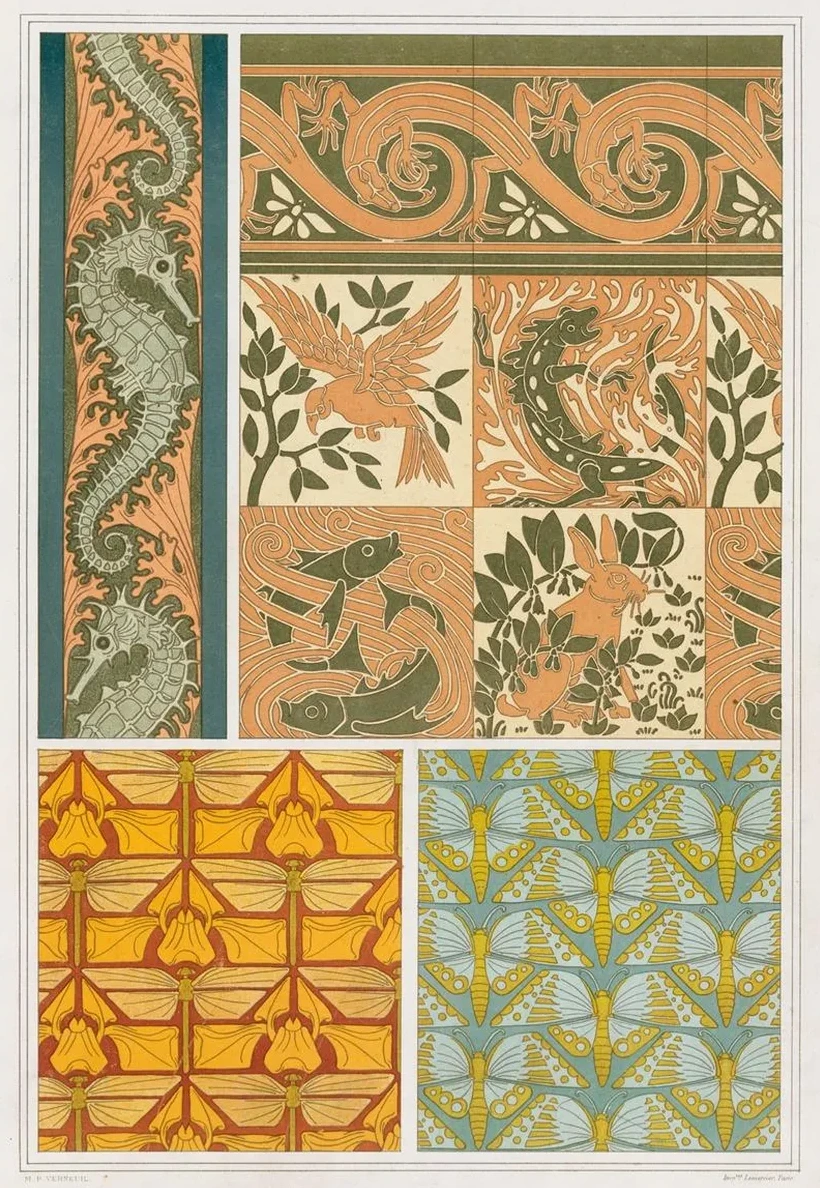 Hippocampes et Algues, Bordure. les Quatre L Ments, Carreaux C Ramiques, et L Zards, Bordure.1897