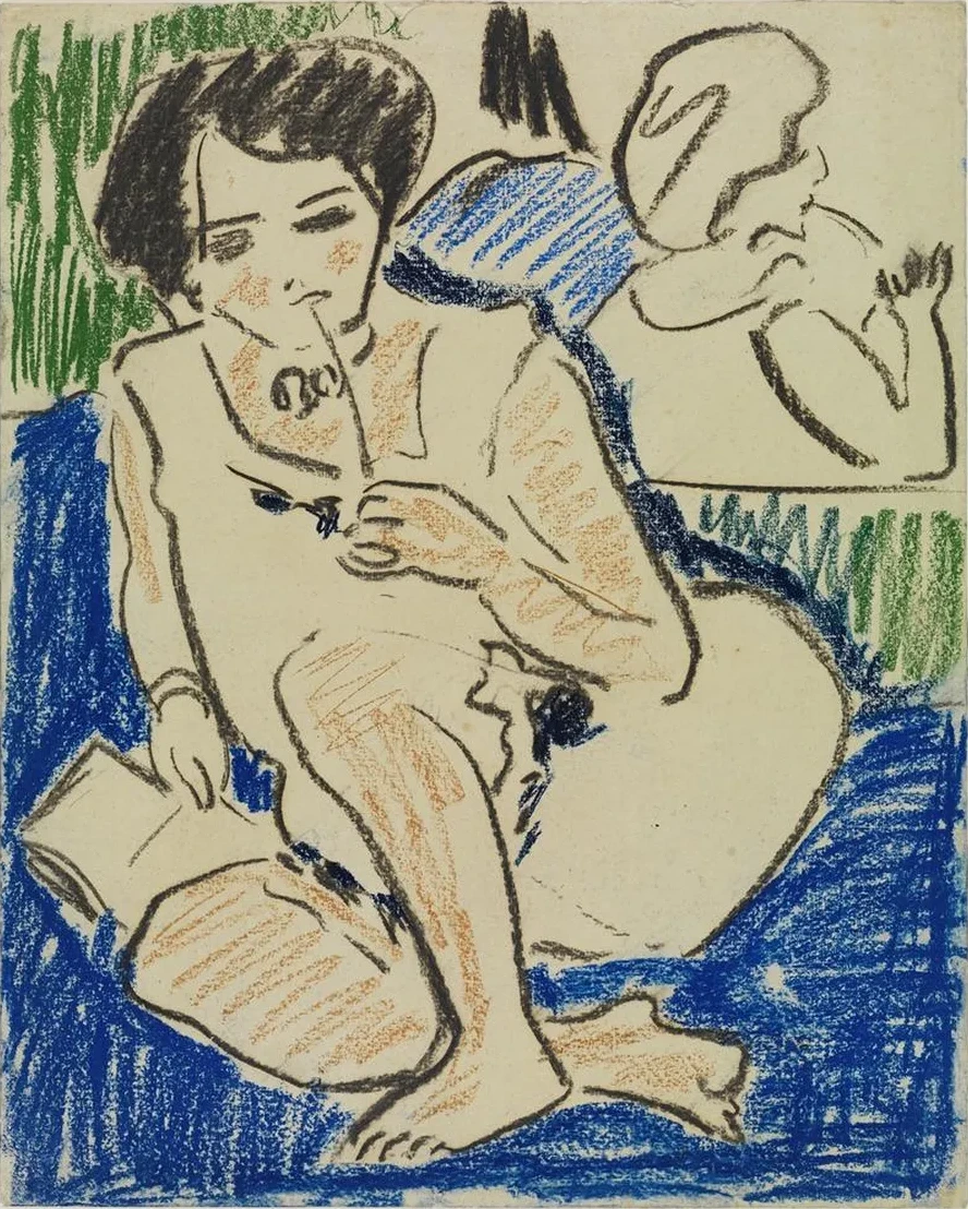 Hockende mit Buch
