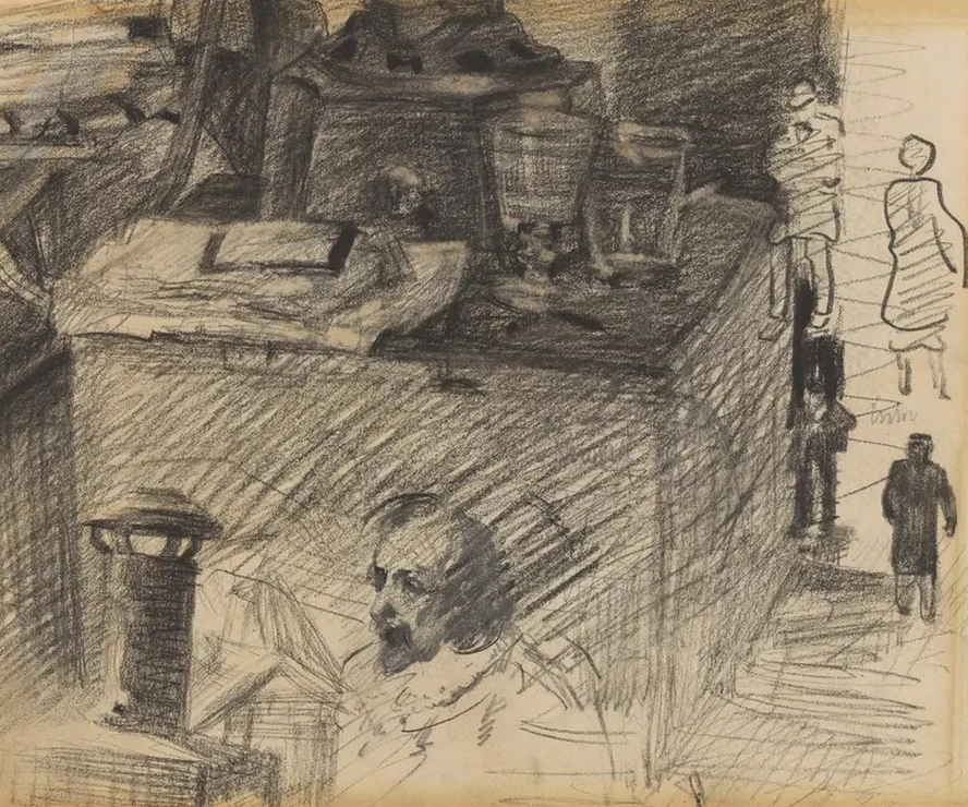 Hoek in Het Atelier Met Kachelvoet, Kist En Figuren