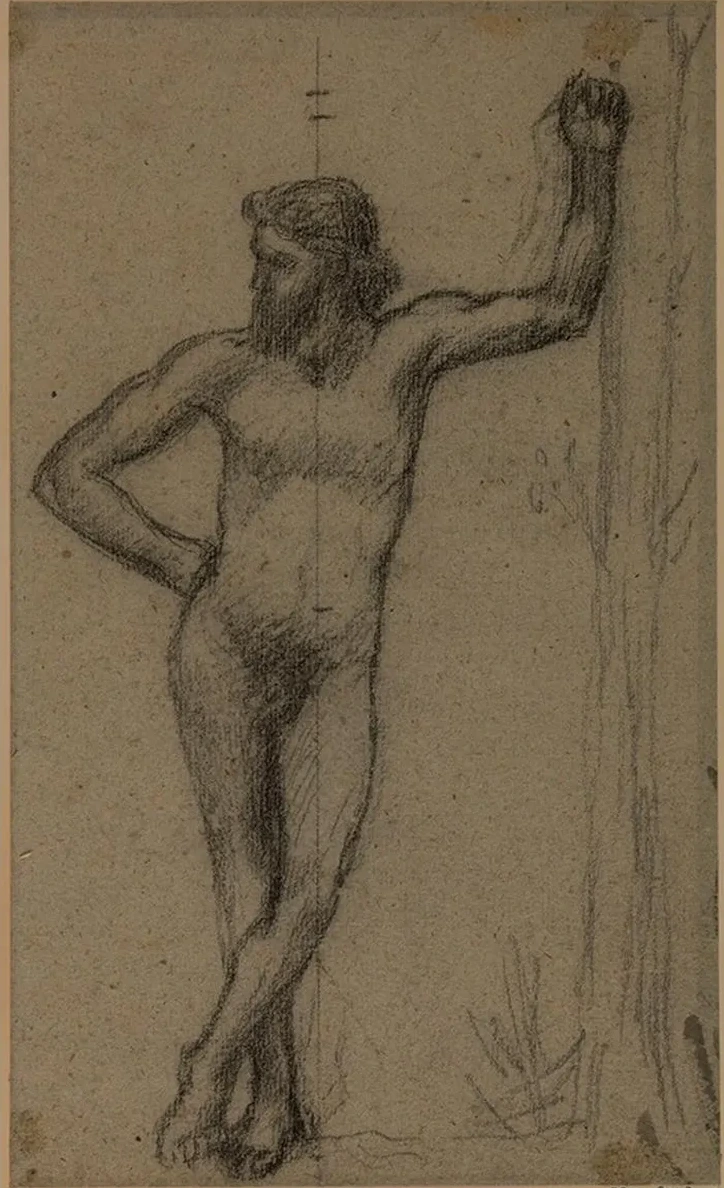 Homme Debout de Face, Appuy Un Arbre