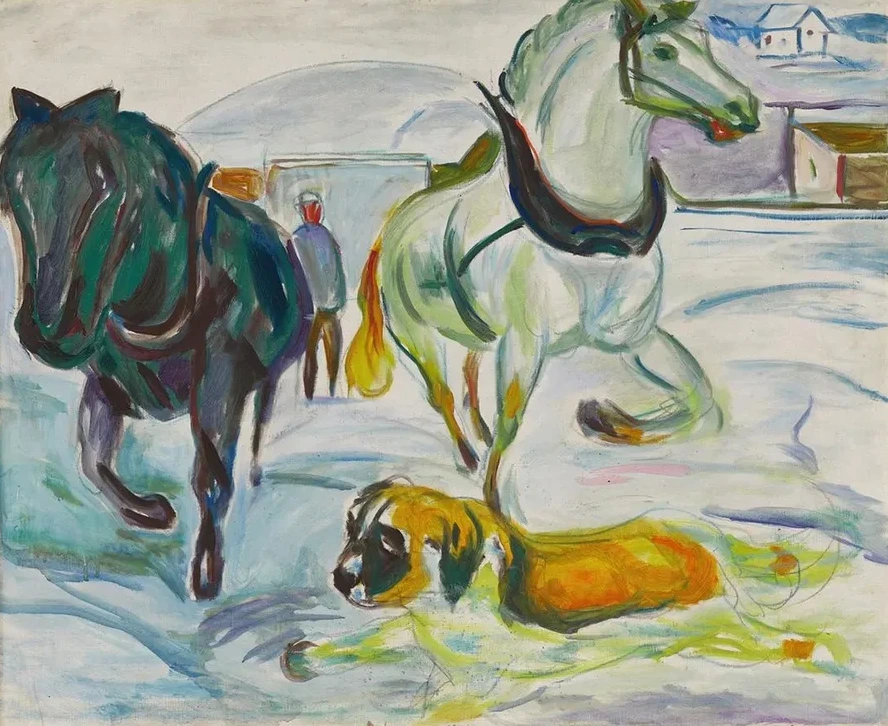 Horse Team and a St. Bernhard in the Snow