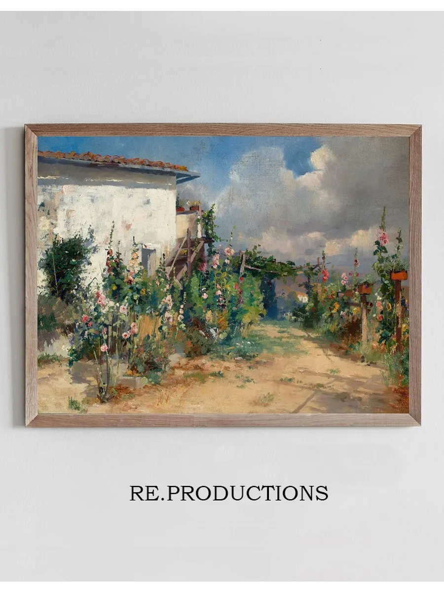 House with Hollyhocks in the Garden