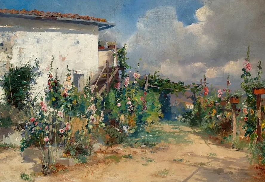 House with Hollyhocks in the Garden