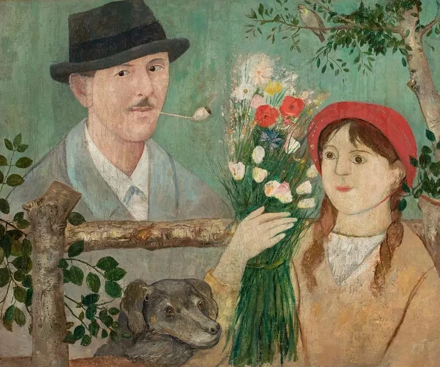 Idyll Beside a Fence (self - Portrait, Girl with Flowers and Dog)
