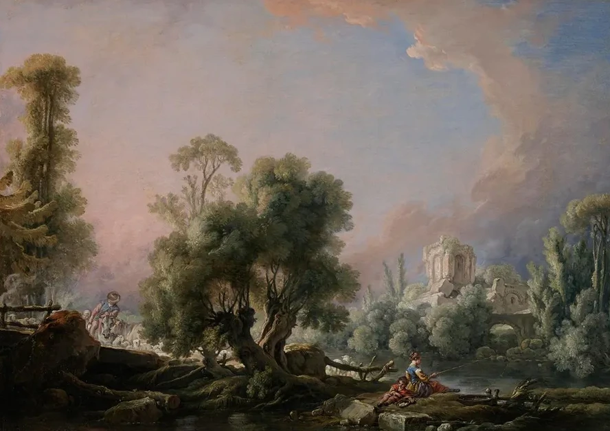 Idyllic Landscape with Woman Fishing