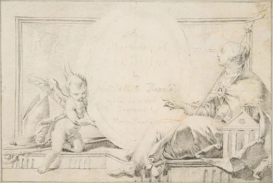 Illustration for a Book Frontispiece with a Female Allegorical Figure and a Putto