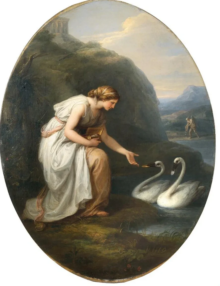 Immortalia, the Nymph of Immortality, Receiving Nameplates from Two Swans