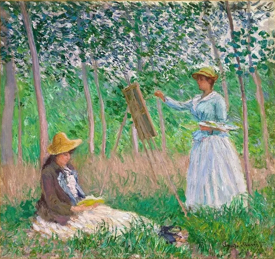 In The Woods At Giverny - Blanche Hosched At Her Easel With Suzanne Hosched Reading