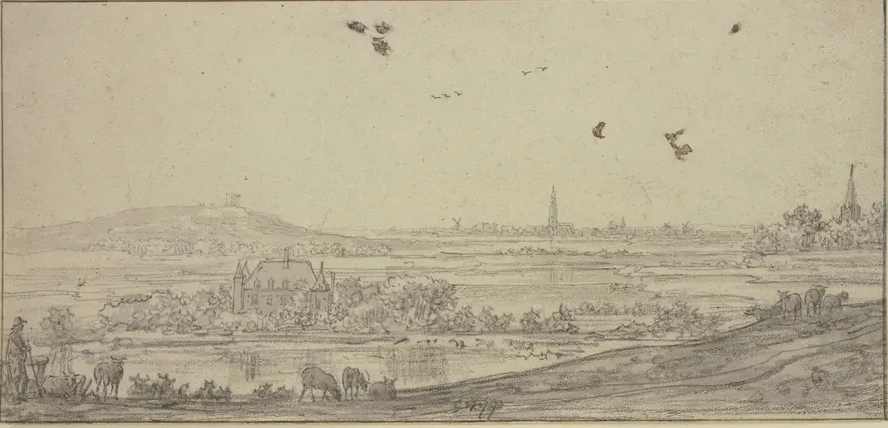 In Der Ferne Eine Stadt, Links Ein Haus IM Wasser, Vorne Ein Schafhirte