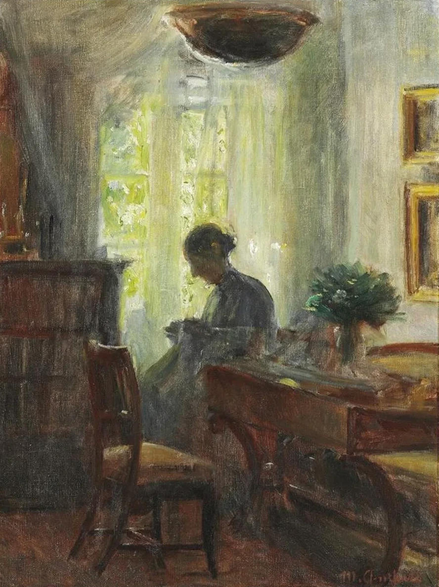 Interieur fra Kunstnerens Hjem. Fru Anna Ancher ved Syt jet