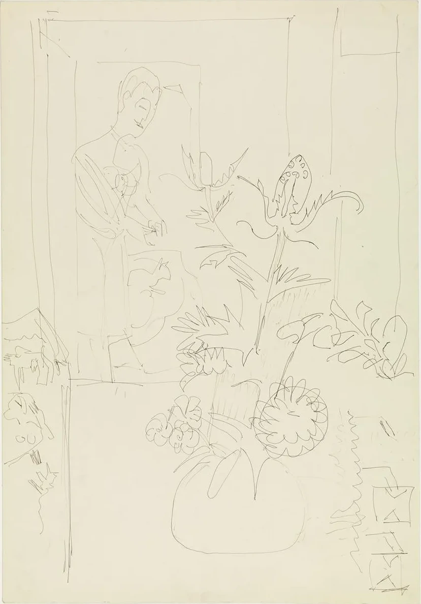 Interieur Mit Blumenvase, Frau Und Katze