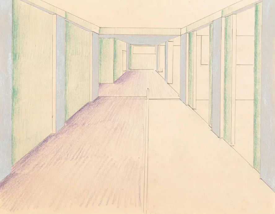 Interior Design Drawings for Unidentified Rooms. Sketch for Hallway Colored Green and Purple