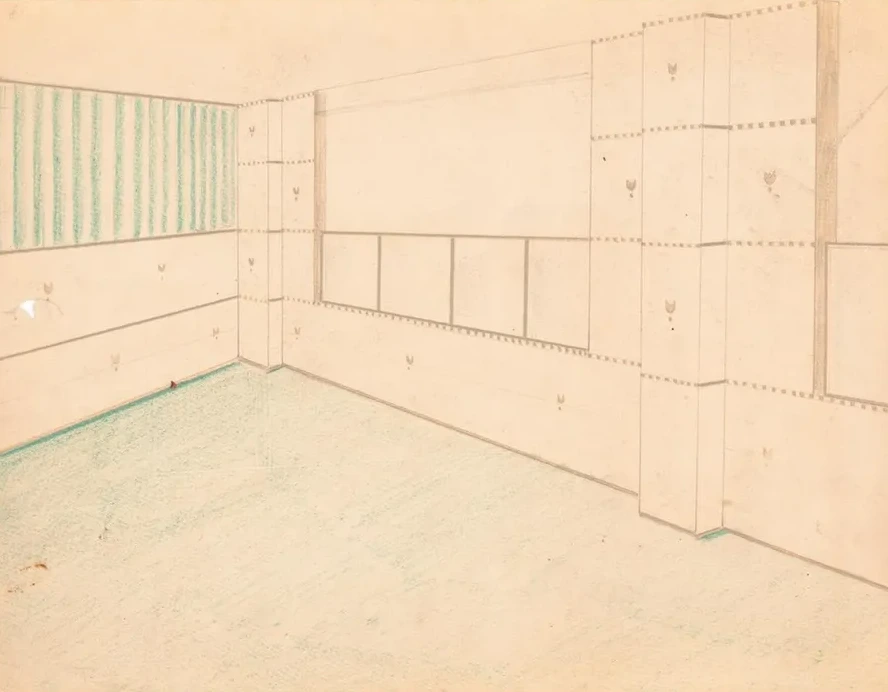Interior Design Drawings for Unidentified Rooms. Sketch for Interior with Green Coloring and Floral Pattern on
