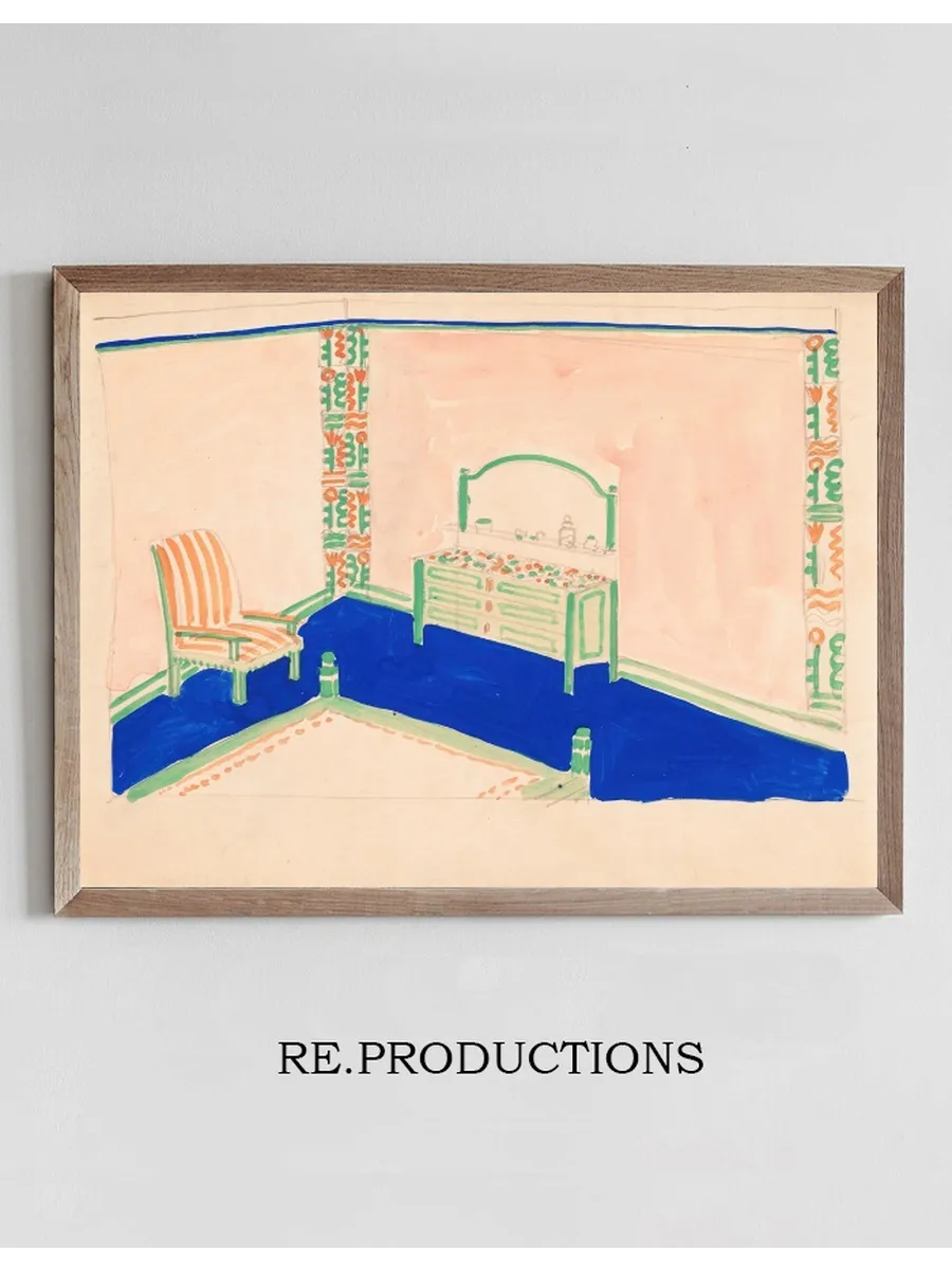 Interior Design Drawings for Unidentified Rooms. Sketch for Room Colored Green and Orange