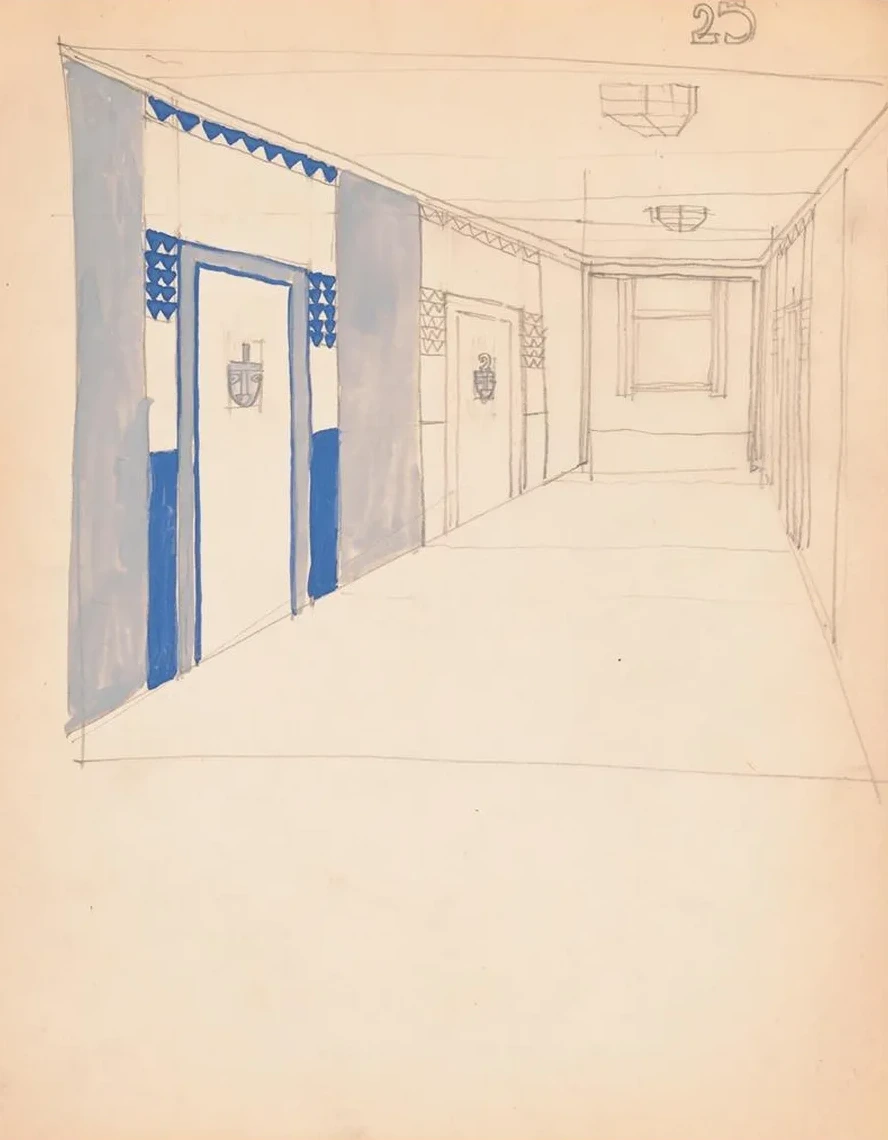 Interior Design Sketches for Alamac Hotel, 71st and Broadway, New York, NY. Incomplete Interior Perspective of