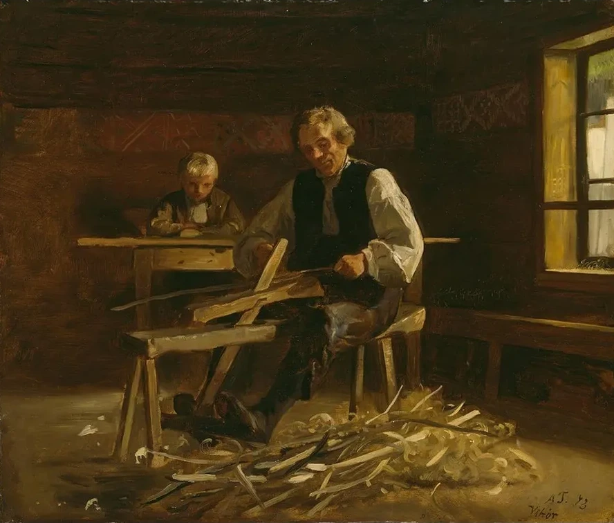 Interior from Vik Y with Farmer Making Barrel Hoops