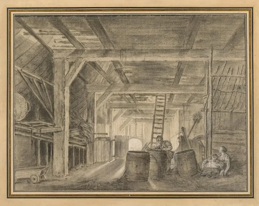 Interior of a Barn with a Family of Coopers
