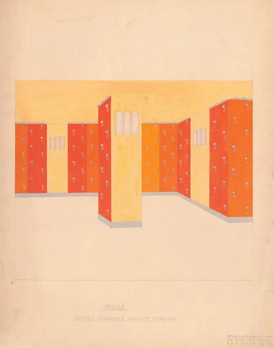 Interior Perspective Drawings of Hotel Siwanoy, Mount Vernon, NY. Interior Perspective Study of Grill in Red