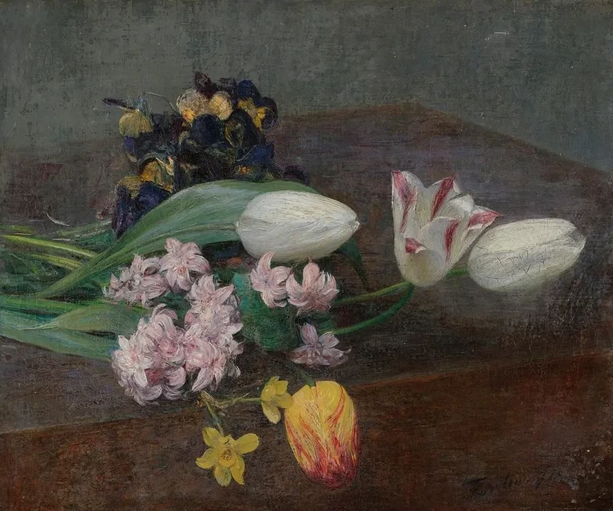 Jacinthes, Tulipes Et Pens es Pos es Sur Une Table
