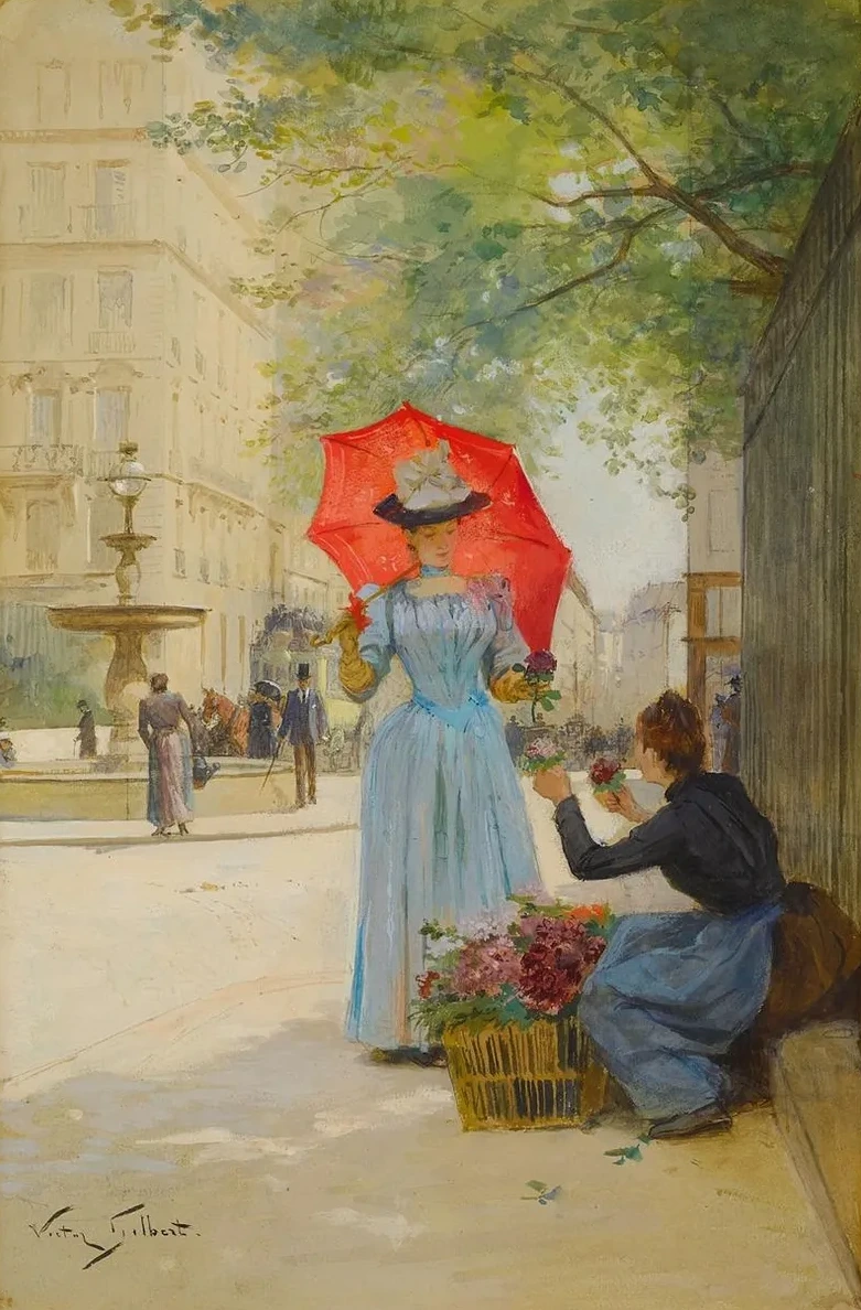 Jeune Femme L Ombrelle Achetant Des Fleurs
