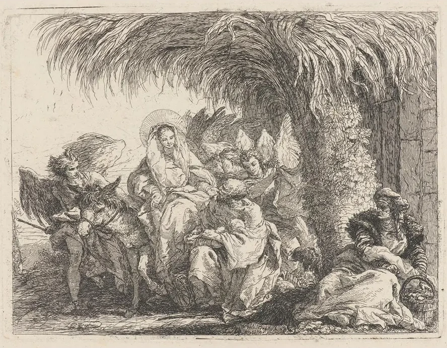 Joseph Kneels with the Child Before Mary on the Donkey