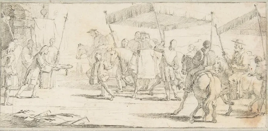 Keys of a City Offered to a Procession of Cardinals Headed by a Riderless Horse
