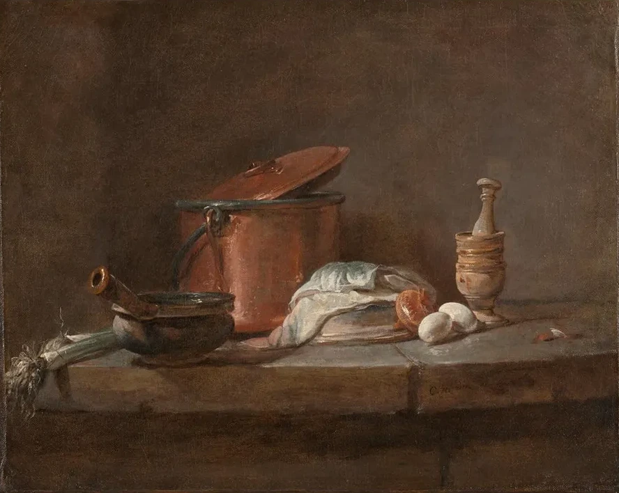 Kitchen Utensils with Leeks, Fish, and Eggs