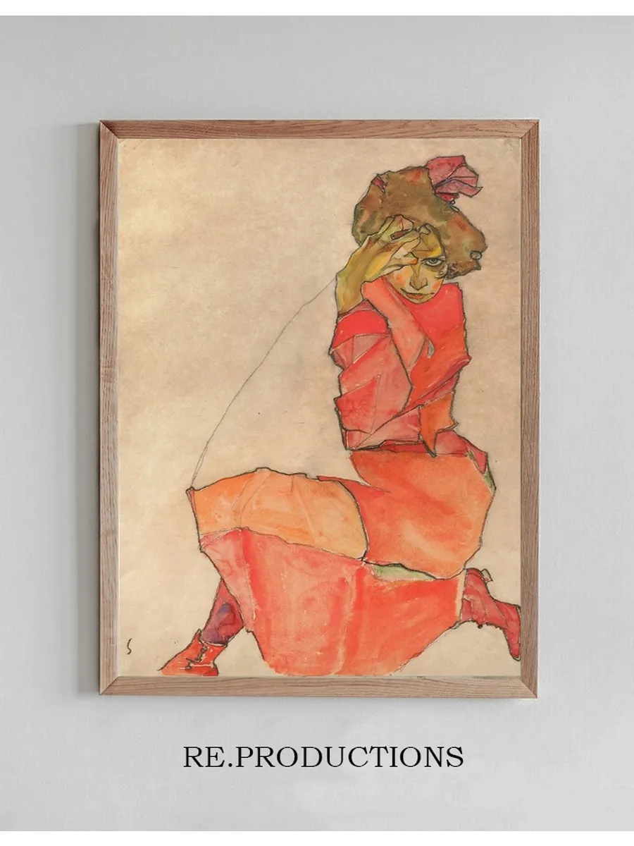 Kneeling Female in Orange - Red Dress