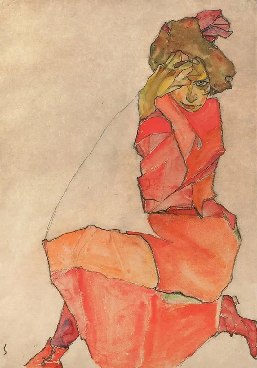 Kneeling Female in Orange - Red Dress