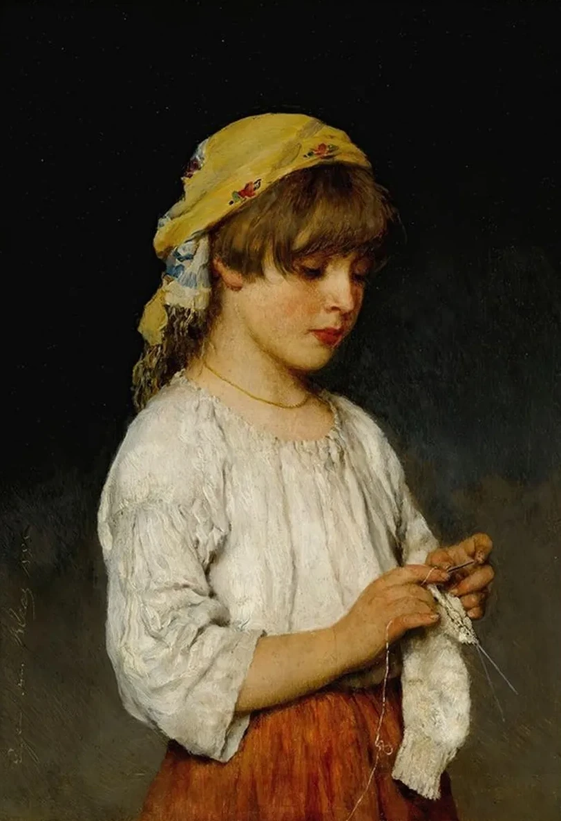 Knitting Girl With Headscarf