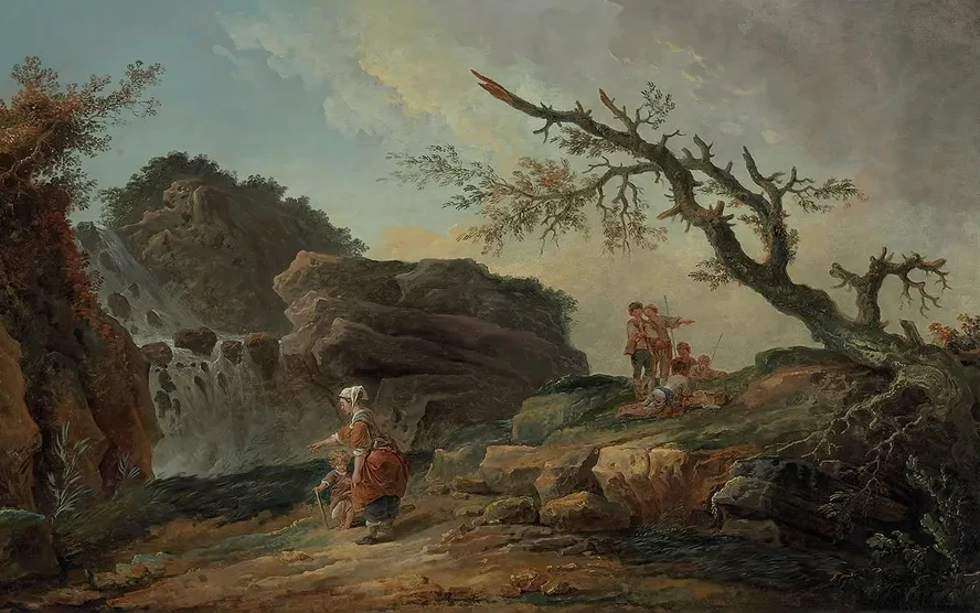 La Cascade A Rocky Hillside With A Peasant Woman And Child Near A Waterfall And Boys Resting By A Blasted Tree