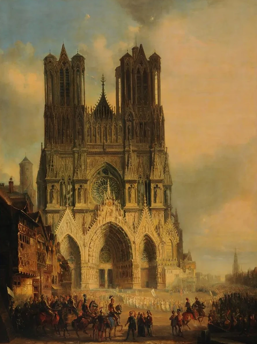 La Fa Ade de la Cath Drale de Reims Avec Une Procession M di Vale et Un Cort Ge Au Premier Plan