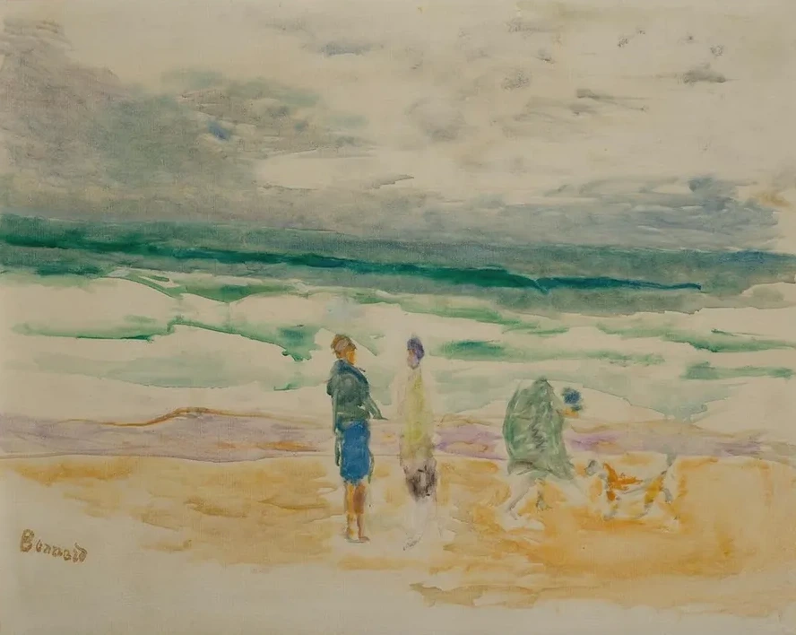 La Plage. Trois Personnages et Un Chien